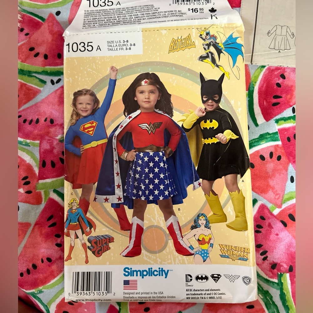 Simplicity 1035 Super Girl, Wonder Woman, Batgirl Costume Pattern Child's 3-8
